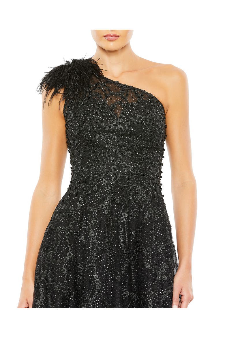 Embellished One-Shoulder A-Line Gown with Feather Accent, Alternate, color, BLACK