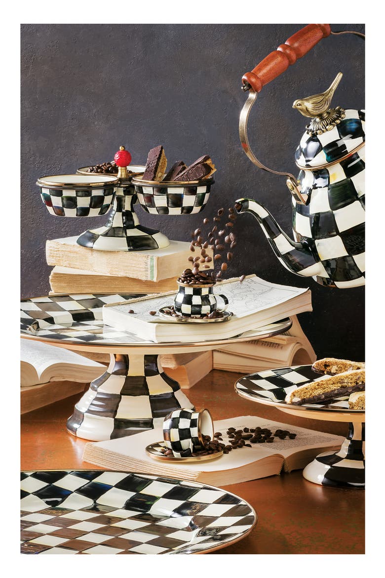 Courtly Check Enameled Steel Espresso Cups & Saucers Set, Alternate, color, BLACK/ WHITE