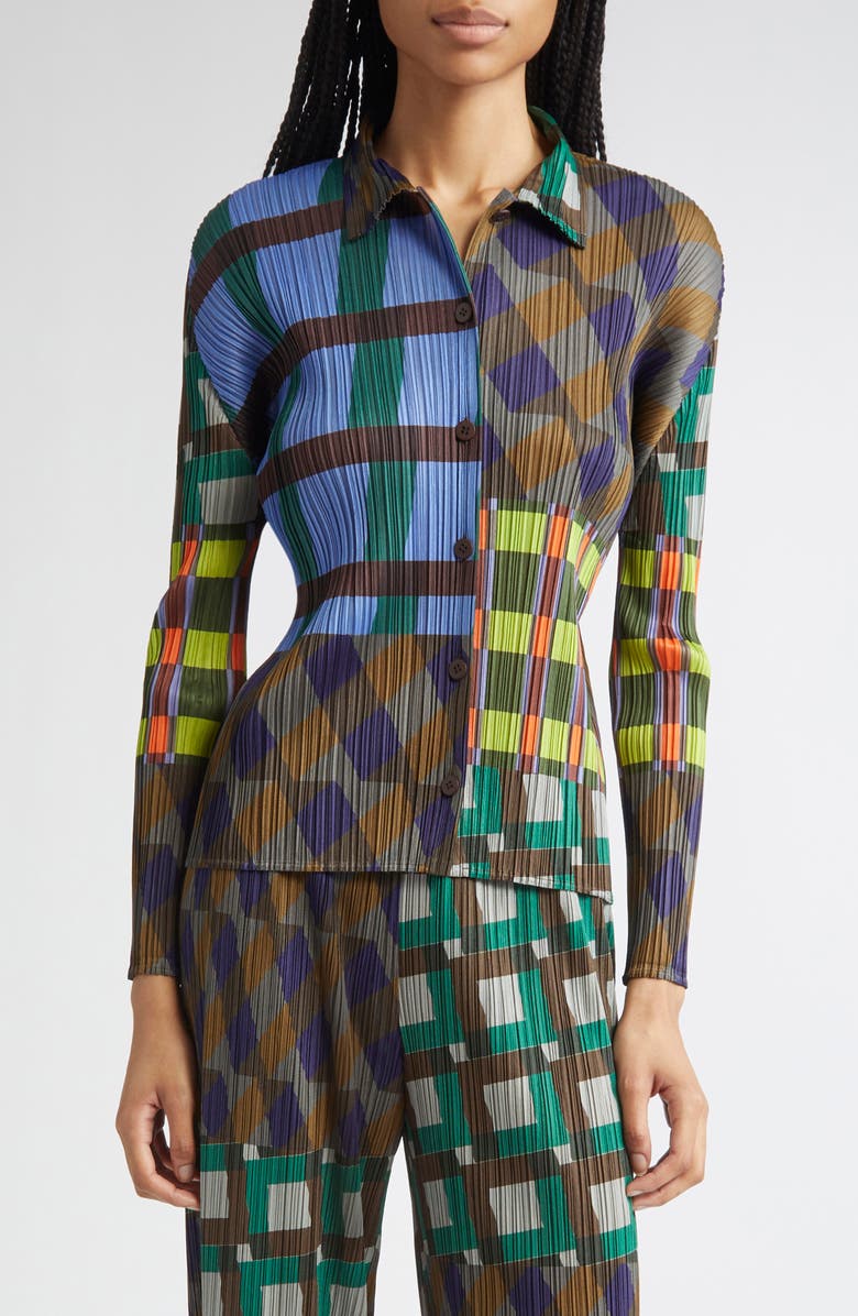 Pleats Please Issey Miyake Harmony Pleated Long Sleeve Button-Up Shirt, Main, color, Blue