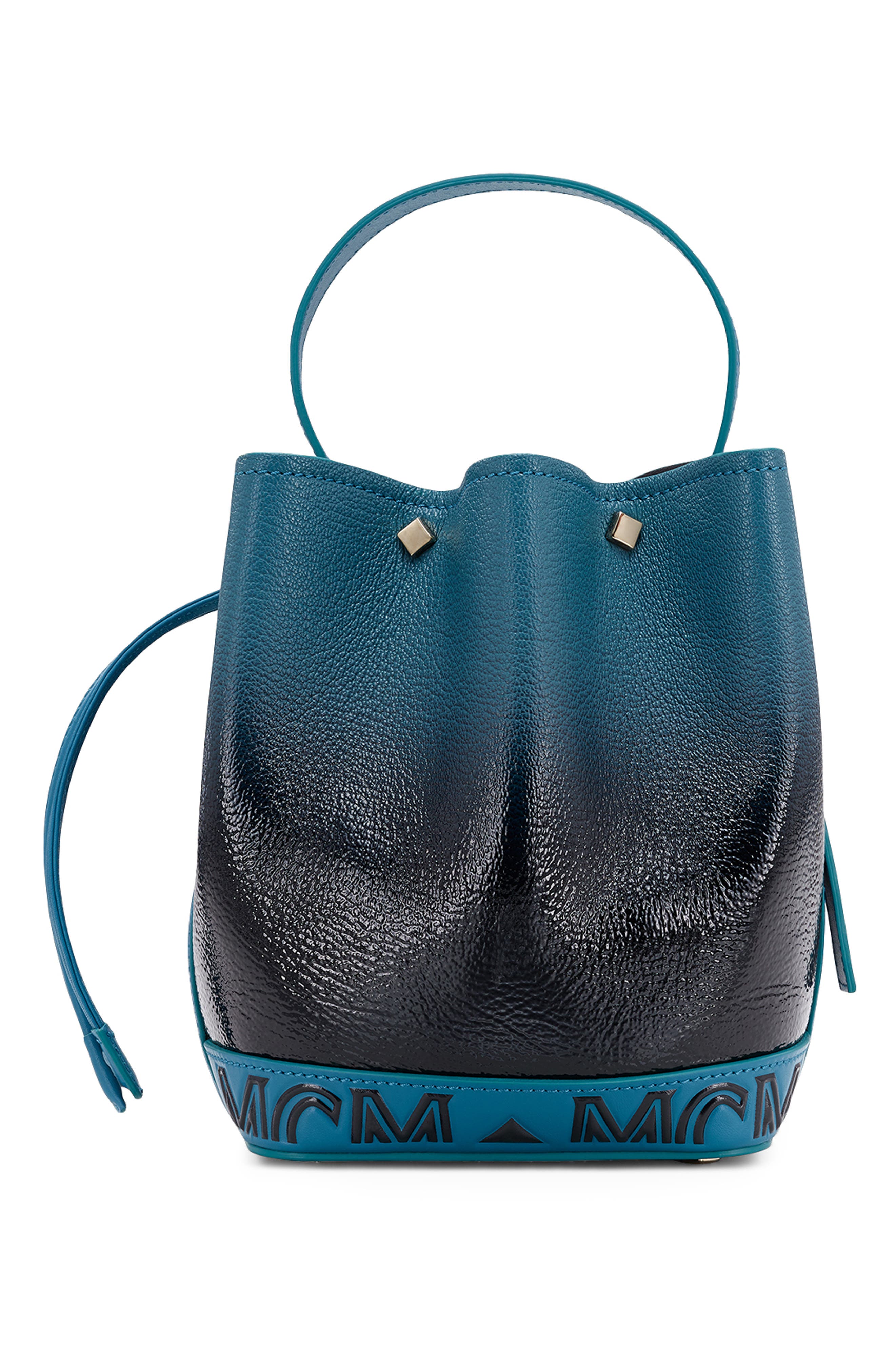 MCM Milano Logo Gradient Patent Goatskin Leather Bucket Bag, Alternate, color, 