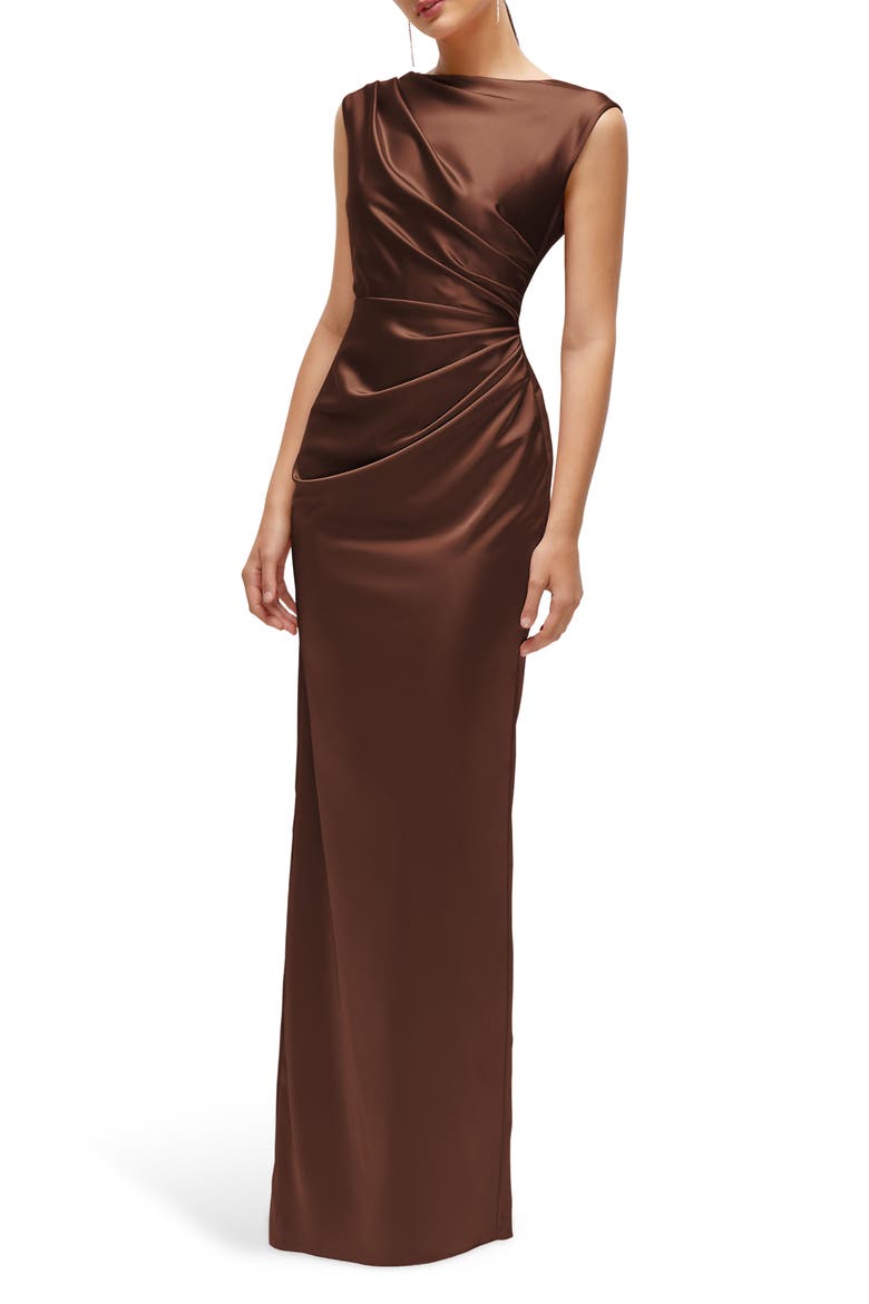 Pleated Cap Sleeve Charmeuse Gown, Alternate, color, COGNAC