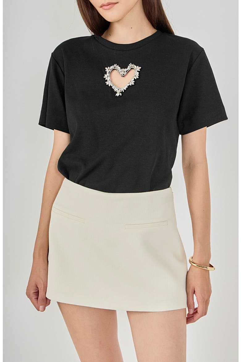 Rhinestone Trim Heart Cutout Relaxed Fit T-Shirt, Main, color, BLACK