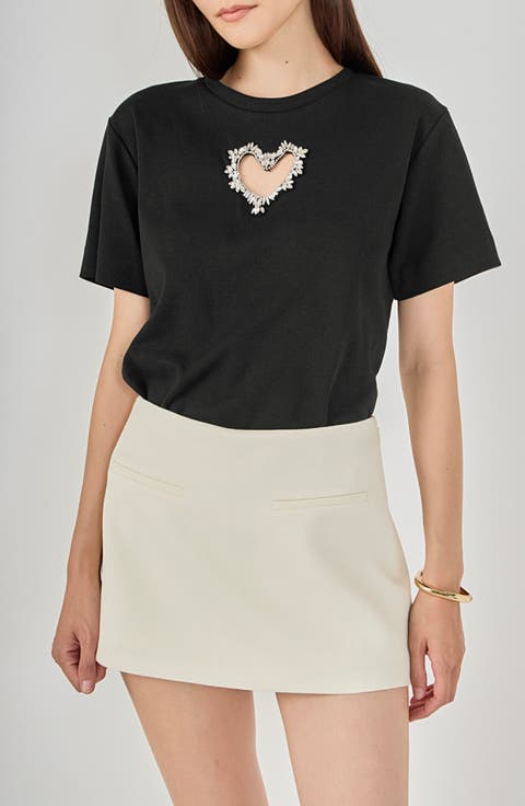 Rhinestone Trim Heart Cutout Relaxed Fit T-Shirt