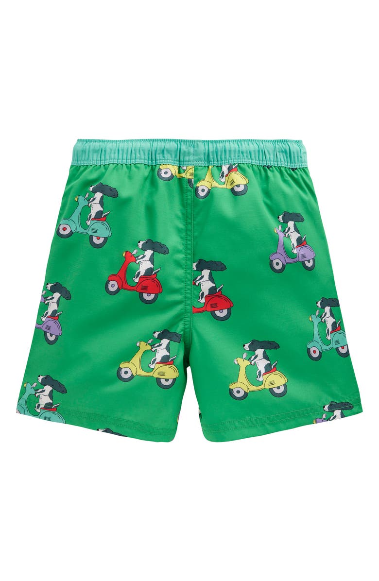 Mini Boden Kids' Print Swim Trunks, Alternate, color, Green Puppy Scooter