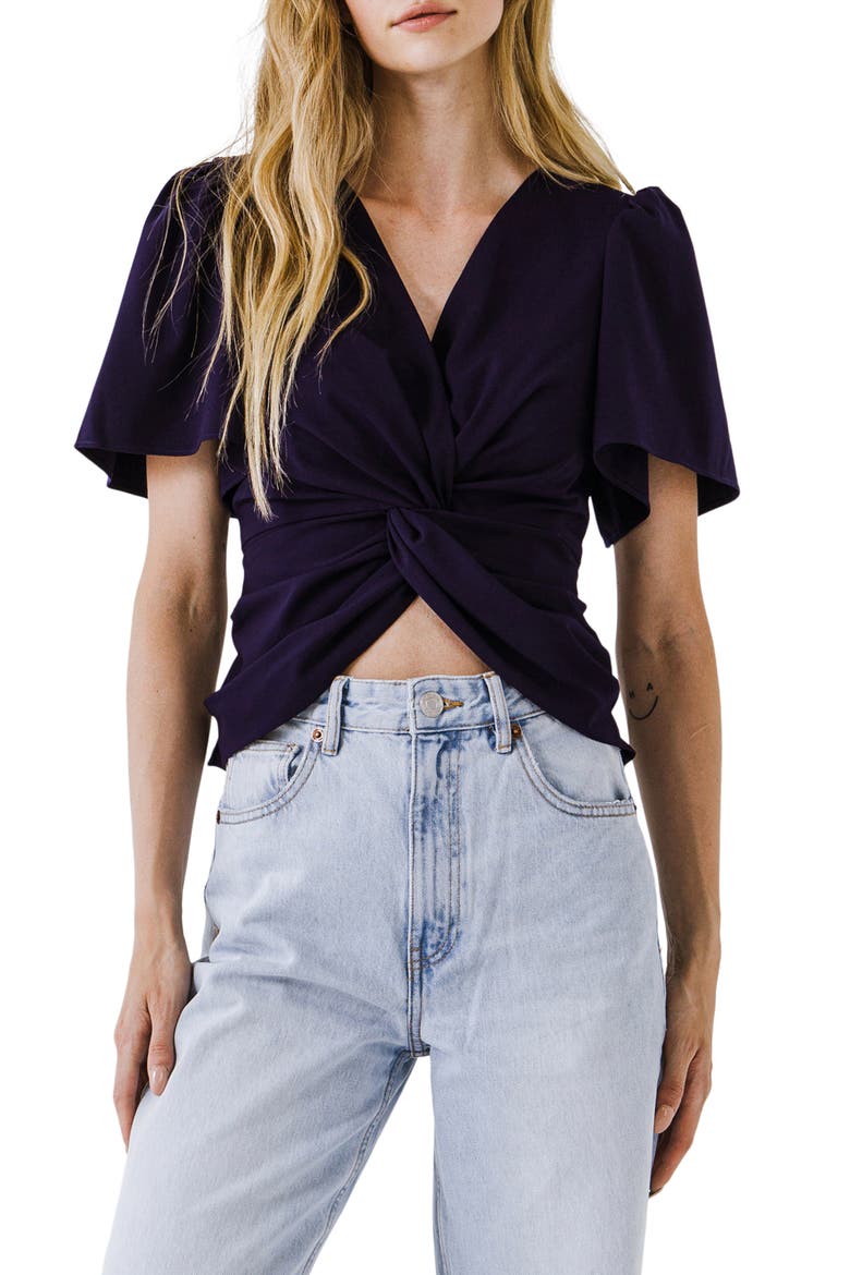 Twist Front Ruffle Sleeve Blouse, Main, color, NAVY