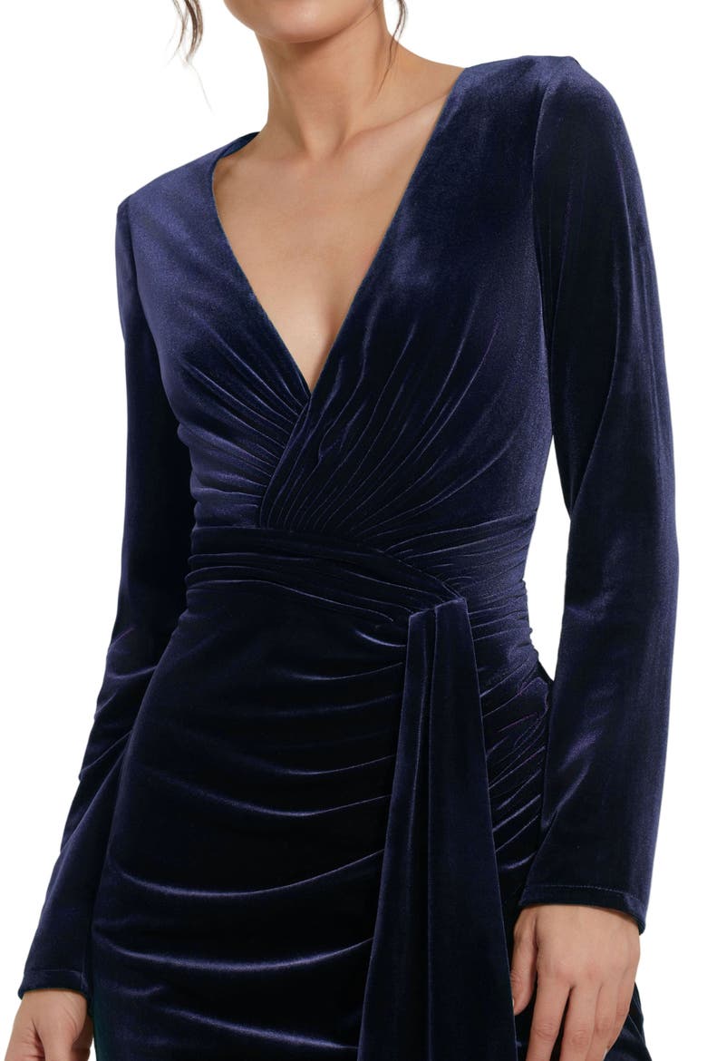 Long Sleeve Deep V Draped Velvet Gown, Alternate, color, Cobalt