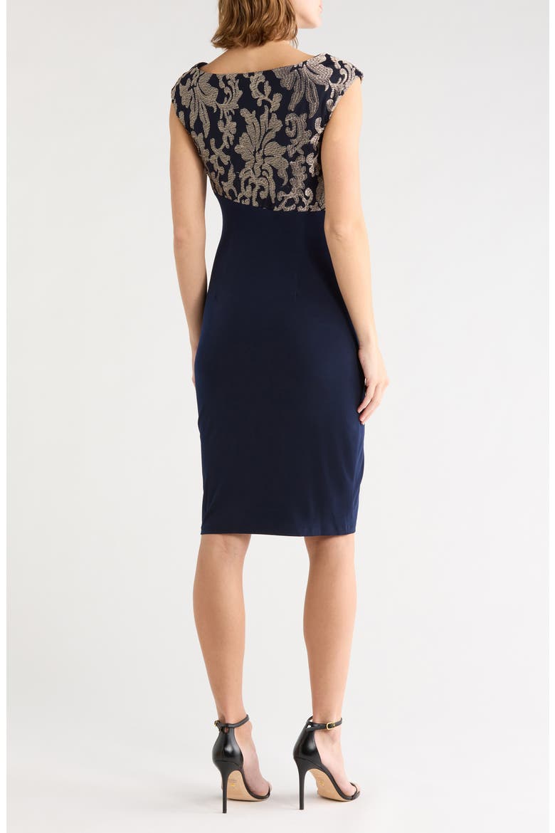 Embroidered Bodice Faux Wrap Sheath Dress, Alternate, color, NAVY