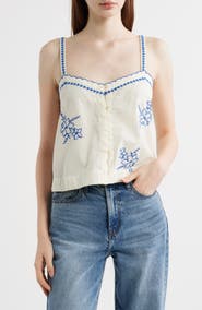 THE GREAT. The Weekend Floral Embroidered Button-Up Top