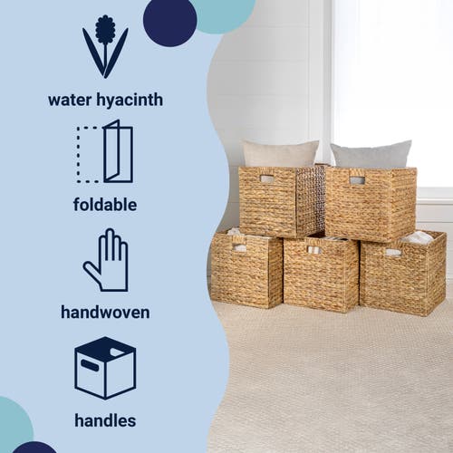 Happimess Bryce Classic Farmhouse Handwoven Hyacinth Collapsible Storage Cube Baskets With Handles, In Natural