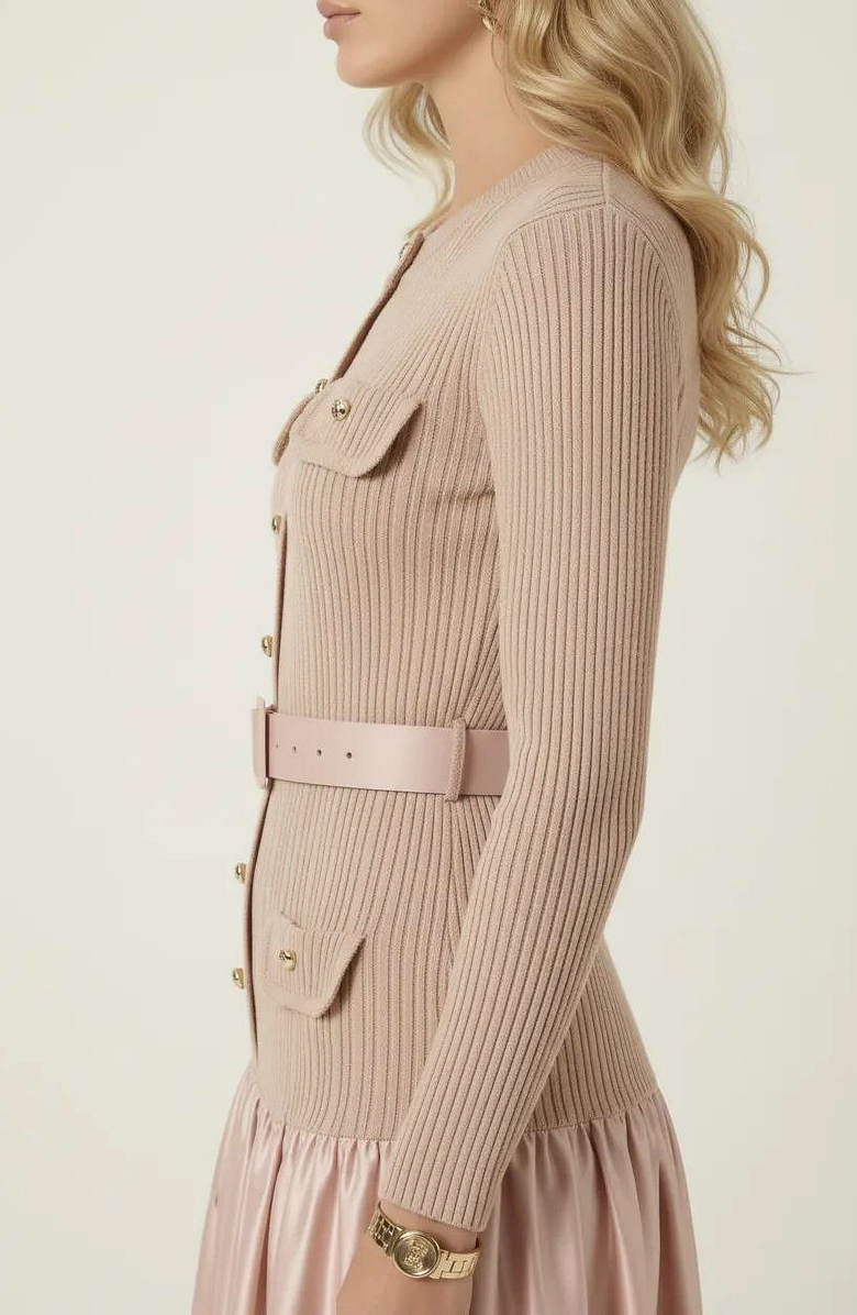 Modenaire Ribbed Knit and Satin Midi Dress, Alternate, color, Blush Pink