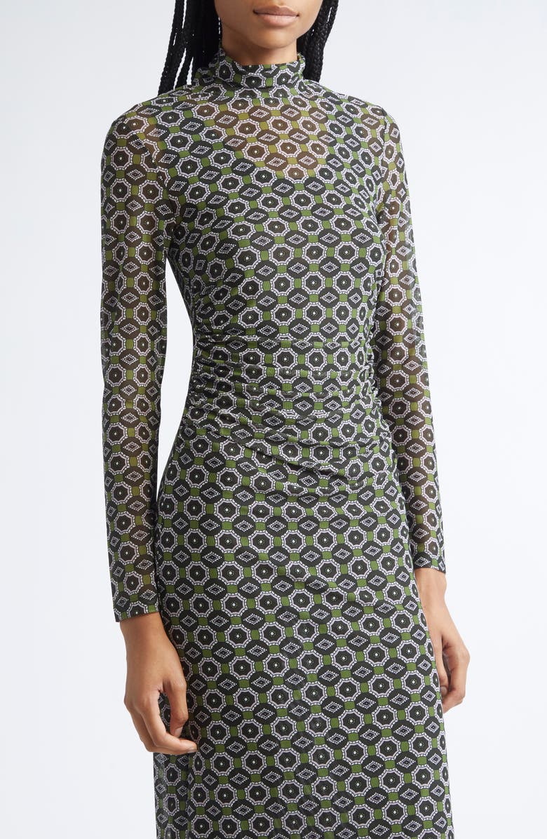 Dries Van Noten Hofes Tie Print Layered Long Sleeve Mesh Midi Dress, Alternate, color, Green