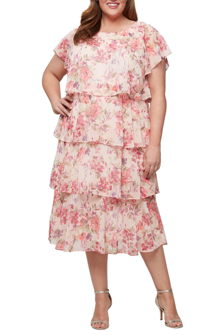 Tiered Floral Cocktail Midi Dress, Main, color, PEACH MULTI