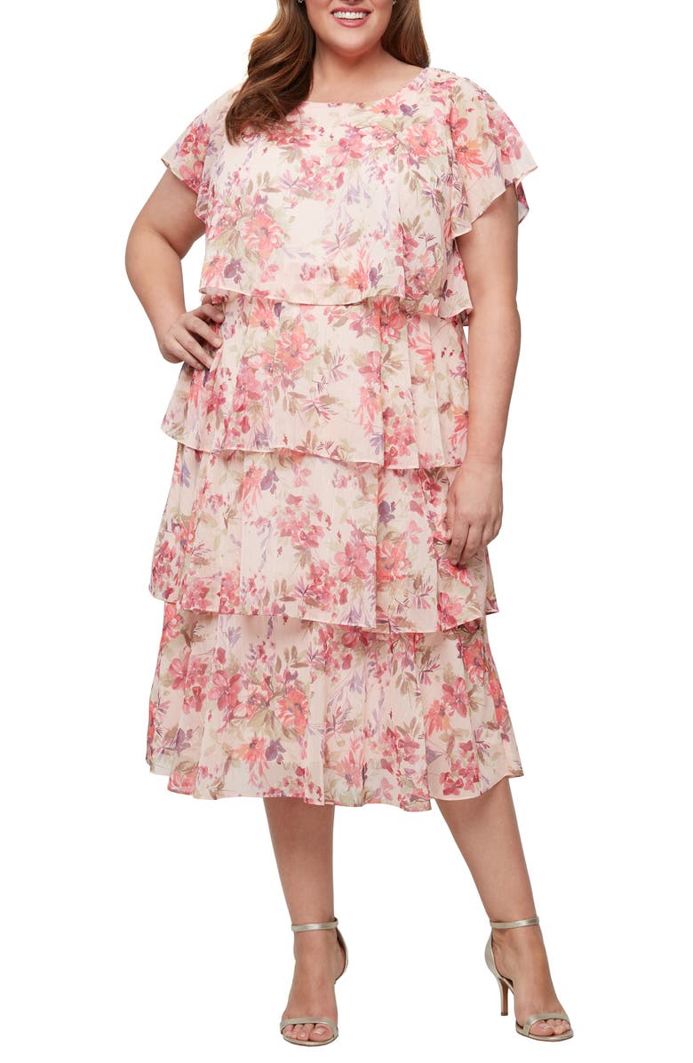 SL FASHIONS Tiered Floral Cocktail Midi Dress, Main, color, Peach Multi