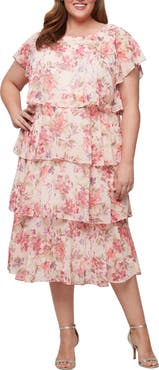 SL FASHIONS Tiered Floral Cocktail Midi Dress
