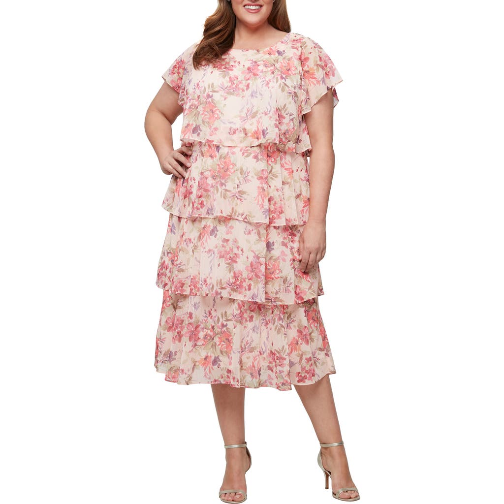 Shop Sl Fashions Tiered Floral Cocktail Midi Dress In Peach Multi