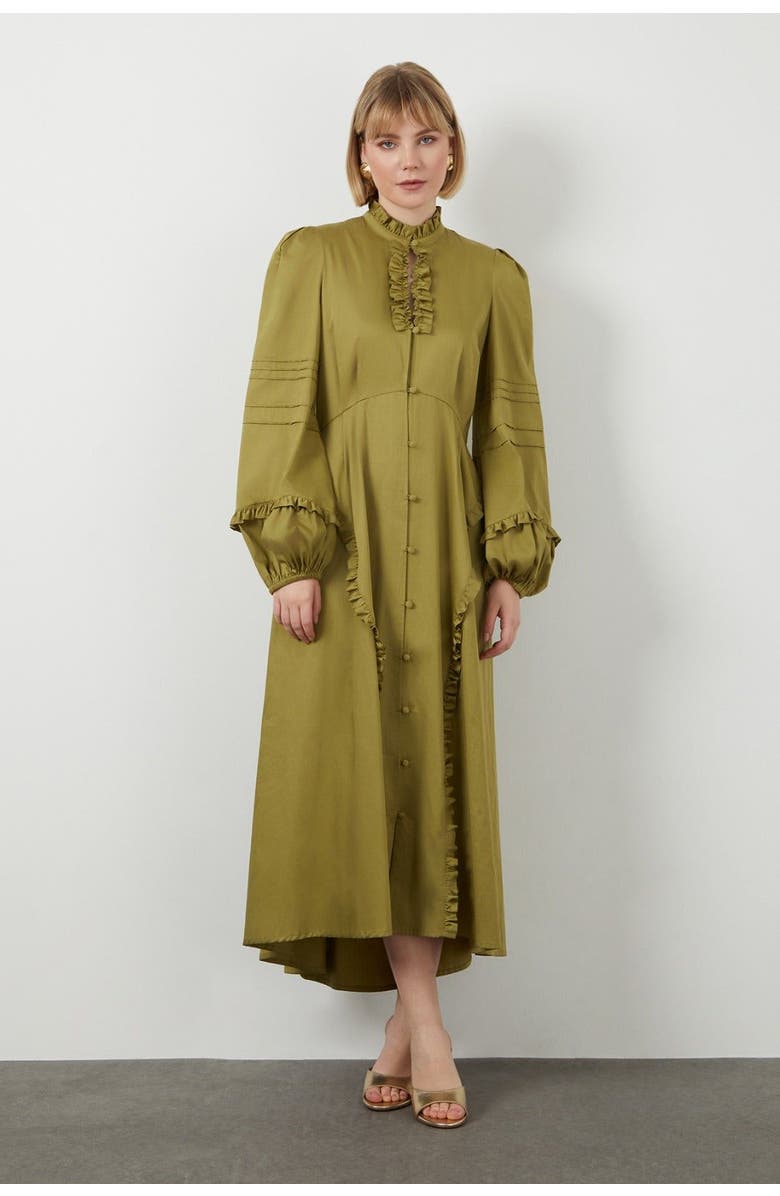 Gizia Ruffle Collar High-Low Hem Unlined Green Dress, Main, color, Green