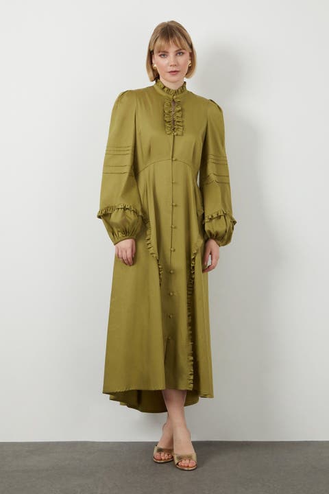 Ruffle Collar High-Low Hem Unlined Green Dress