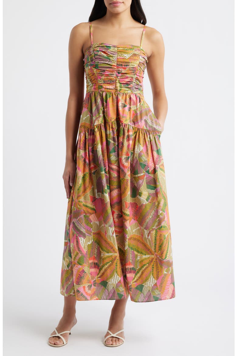 Pleated Cotton Poplin Maxi Sundress, Main, color, GREEN MULT