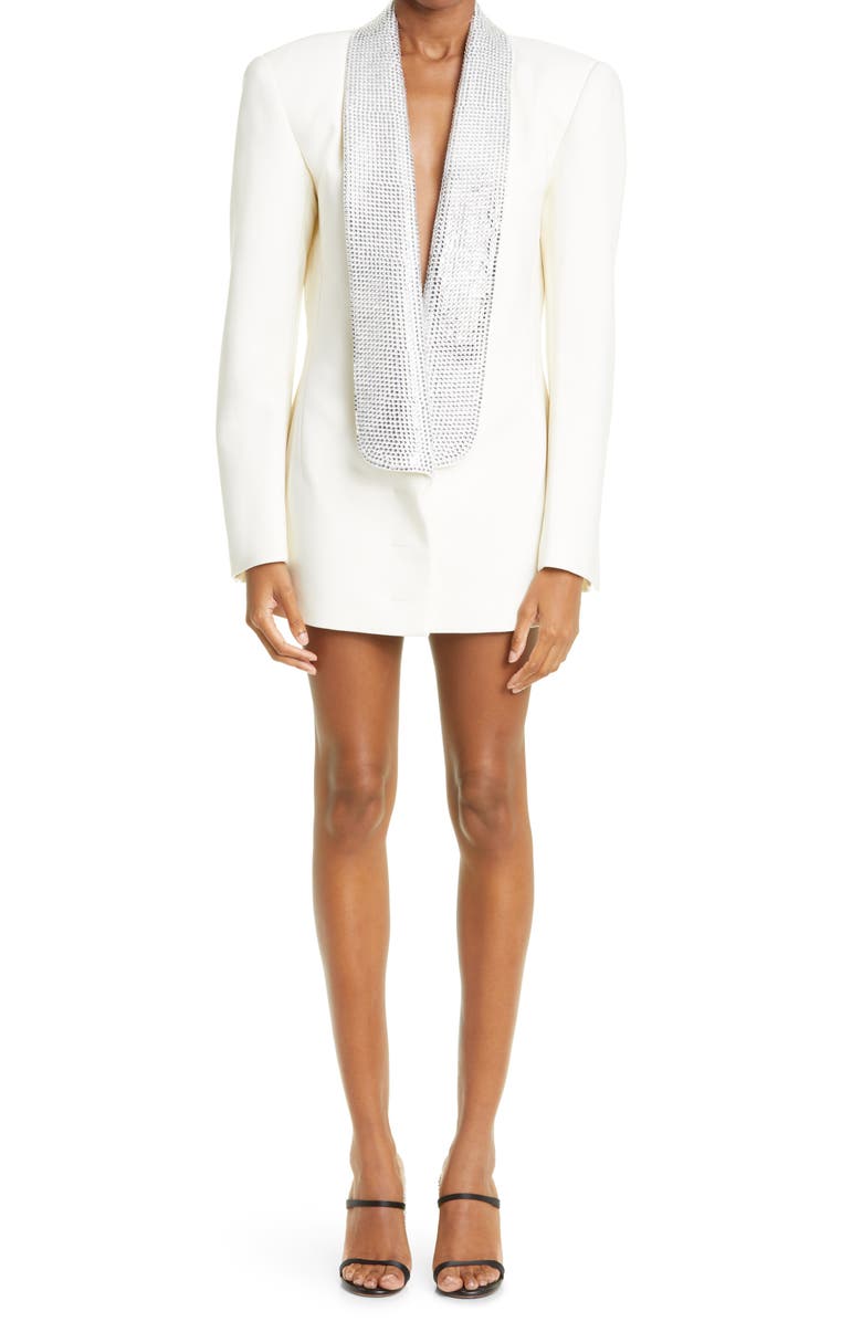 Area Crystal Embellished Cutout Long Sleeve Tuxedo Minidress, Main, color,