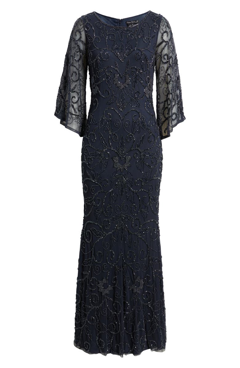 Pisarro Nights Beaded Three Quarter Sleeve Gown, Alternate, color, Slate