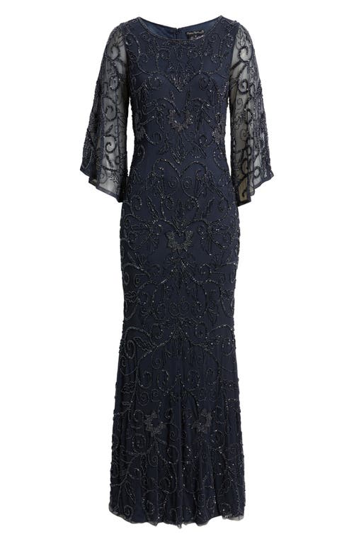 Pisarro Nights Beaded Three Quarter Sleeve Gown In Blue