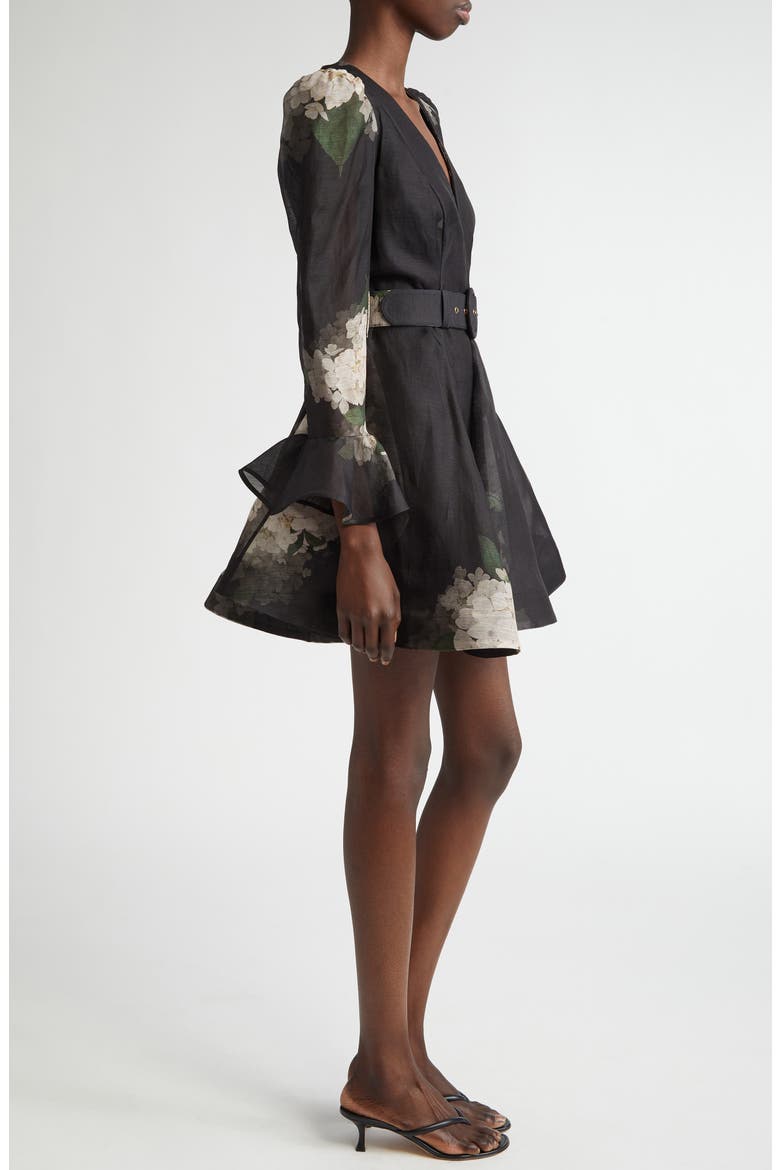 Balance Long Sleeve Belted Linen & Silk Fit & Flare Minidress, Alternate, color, BLACK HYDRANGEA