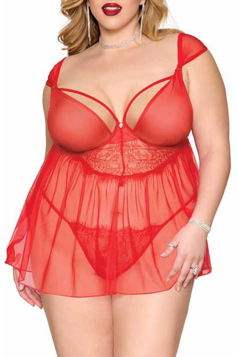 Underwire Babydoll Chemise & G-String Set, Main, color, RED