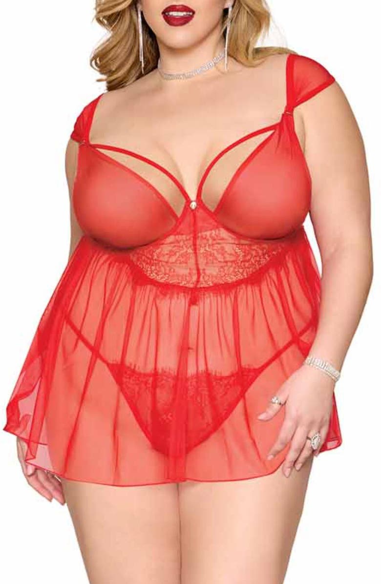 Dreamgirl Underwire Babydoll Chemise & G-String Set, Main, color, Red