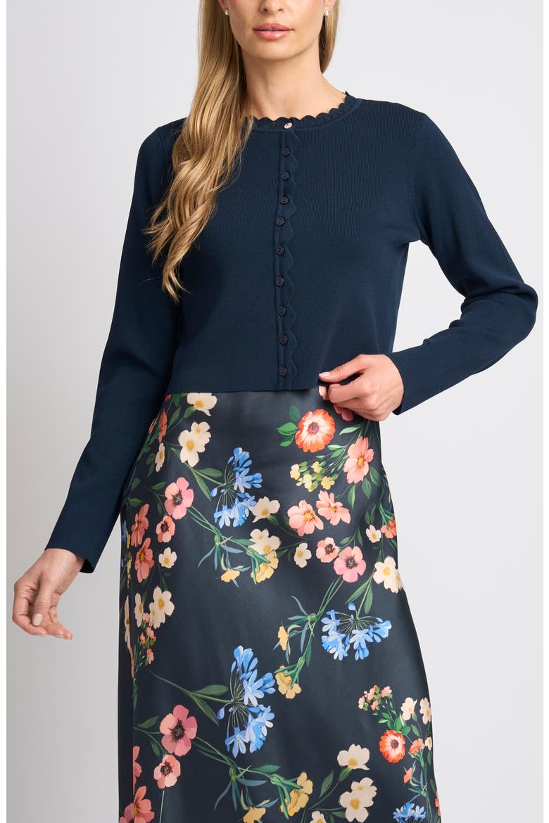 Patricia Scalloped Crewneck Cardigan & Floral Dress Set, Alternate, color, INDIGO NIGHT