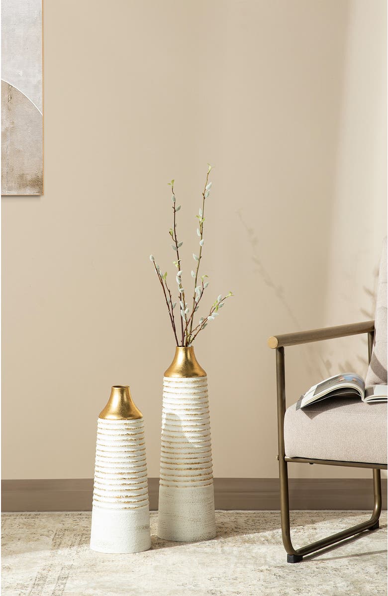 Glitzhome Set of 2 Modern White & Gold Stripes Metal Decorative Vases, Alternate, color, White