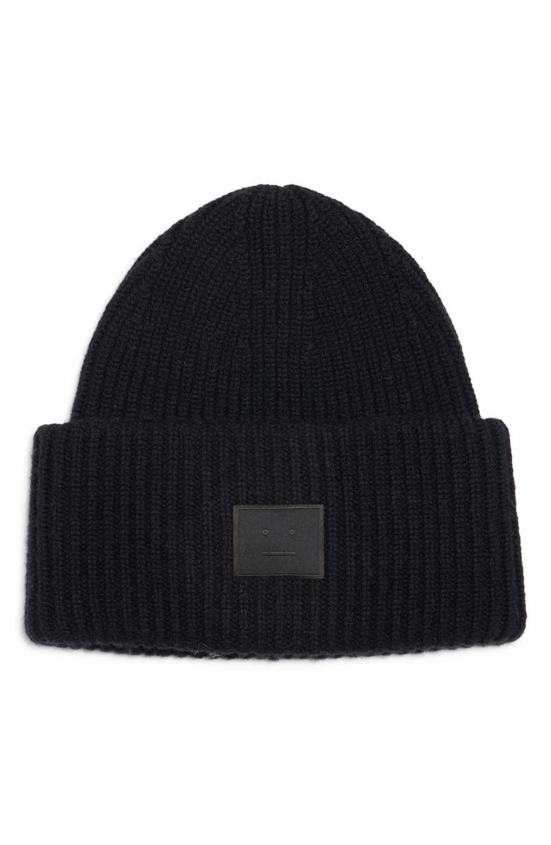 Acne Studios Pansy Face Patch Wool & Yak Hair Blend Beanie, Main, color, Black