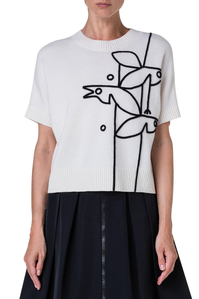 Bird Graphic Virgin Wool & Cashmere Sweater, Main, color, CREAM-BLACK