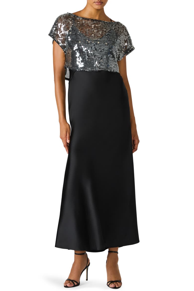 Myla Sequin Crop Top & Maxi Slipdress Set, Main, color, BLACK
