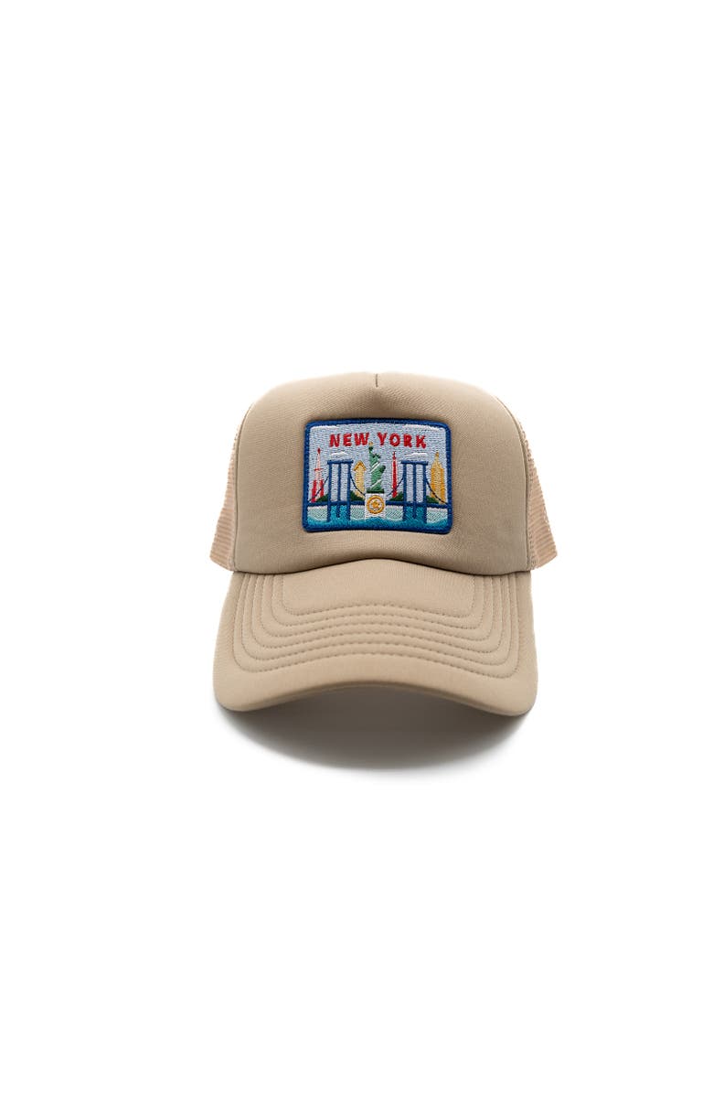Rey To Z New York Postcard Trucker Hat, Main, color, Khaki