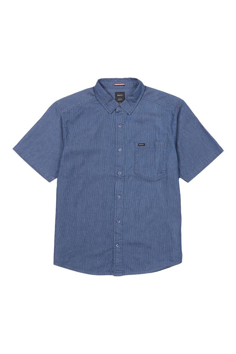 Denim Days Stripe Short Sleeve Button-Up Shirt, Main, color, INDIGO