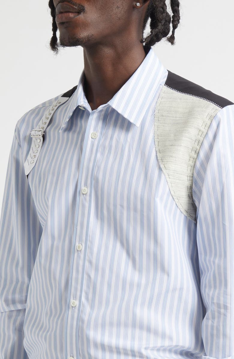 McQueen Canvas Detail Harness Strap Cotton Poplin Button-Up Shirt, Alternate, color, Optic White-S Blue
