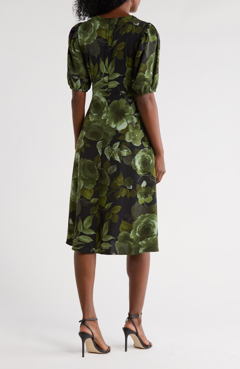 Connected Apparel Floral Puff Sleeve A-Line Dress, Alternate, color, Olive