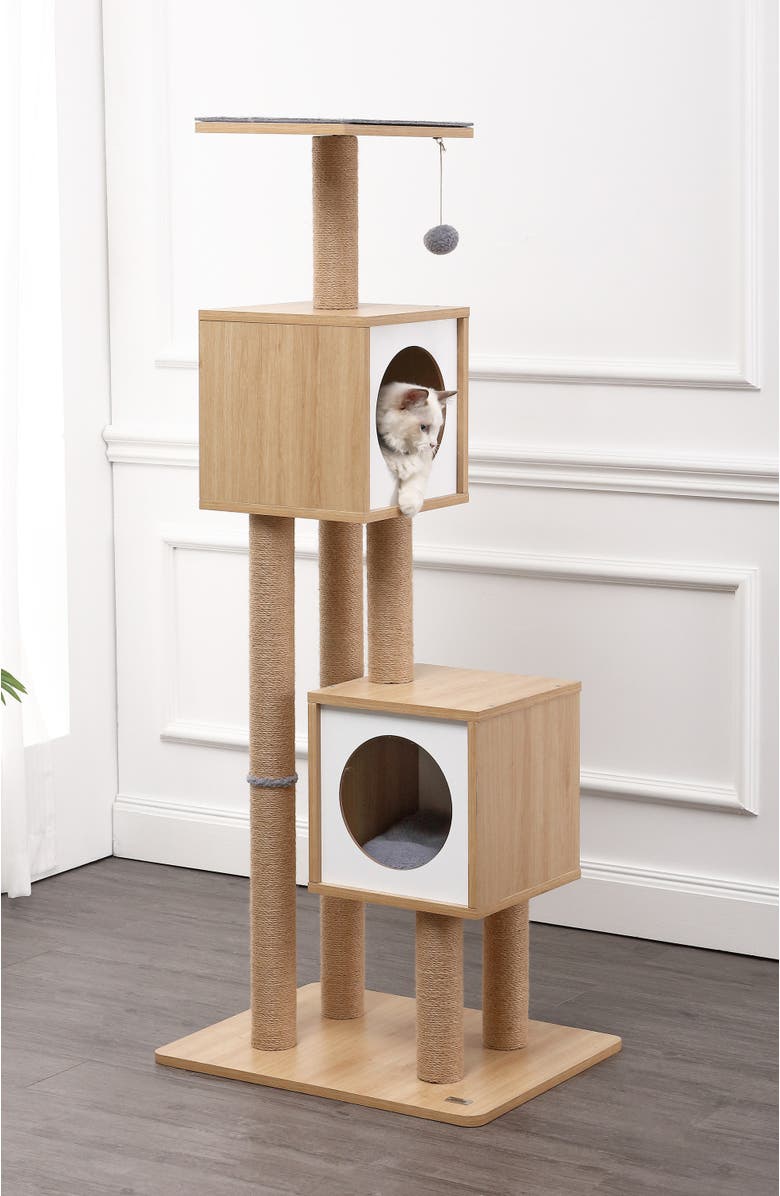 The Licker Store Sawyer 56" 3-Tier Minimalist Jute Cat Tree Condo with Scratching posts, Alternate, color, Brown/White