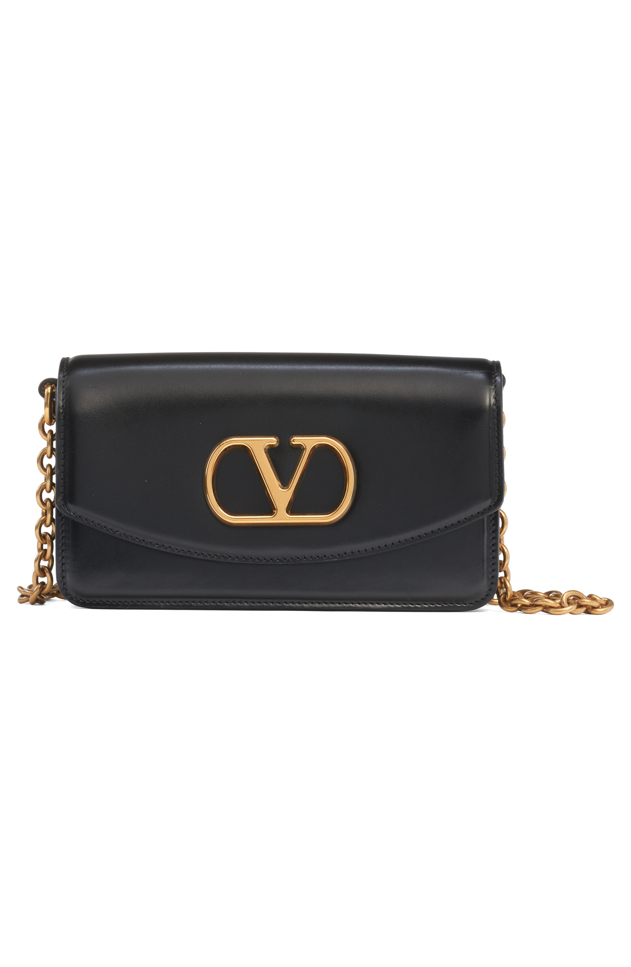 Valentino Garavani Small Vain VLOGO Leather Clutch, Main, color, Nero