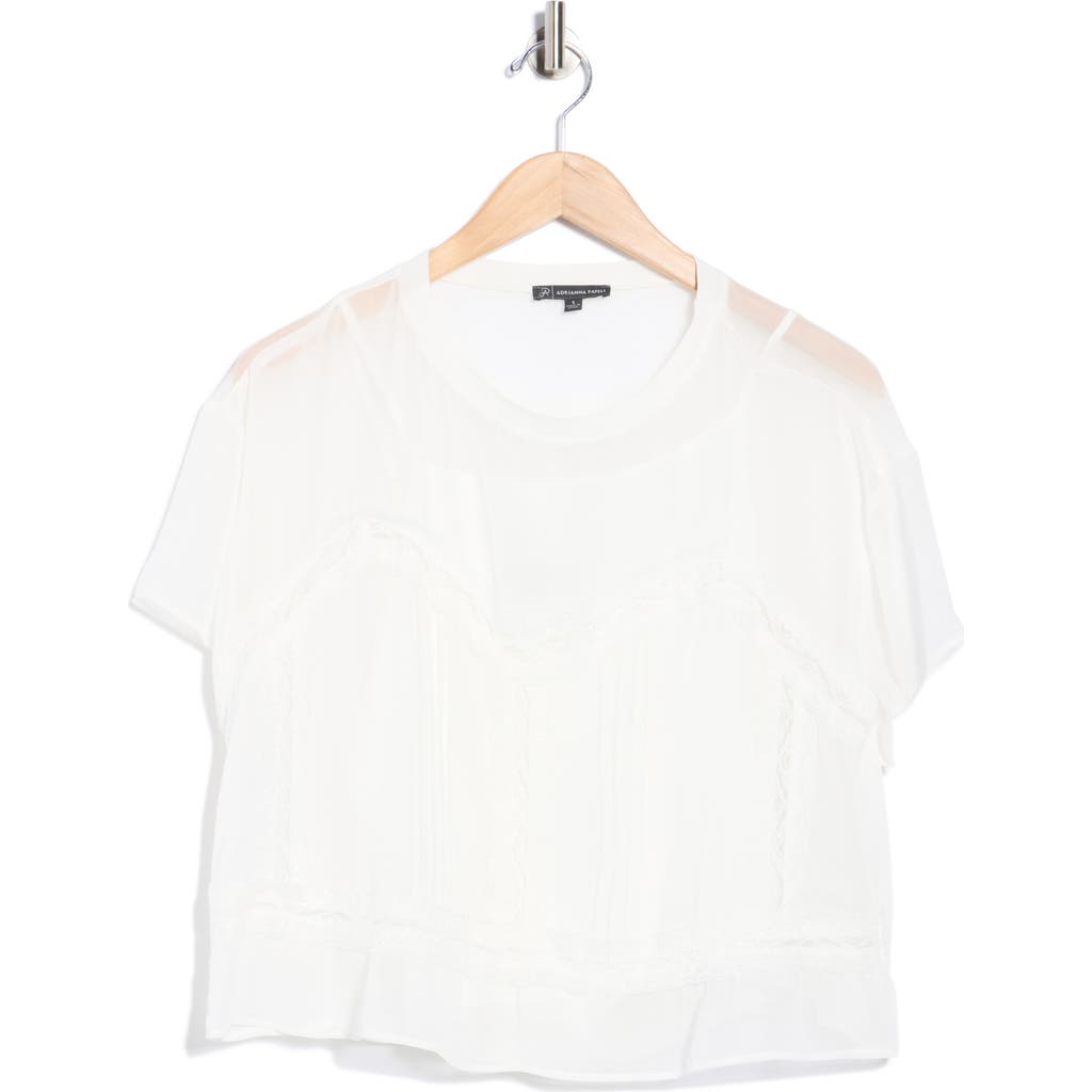 Adrianna Papell Short Sleeve Pieced Sheer Lace & Chiffon Top In White