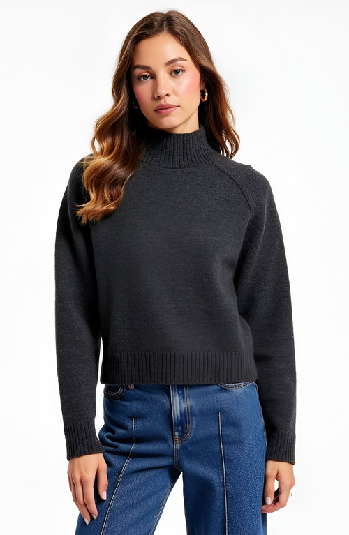 Modenaire Mock Neck Raglan Sleeve Wide Ribbed Hem Sweater In Black