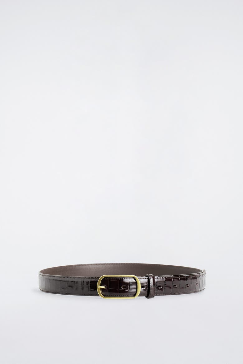 Curved-buckle Leather Belt, Main, color, BROWN / GOLD / CROC EFFECT
