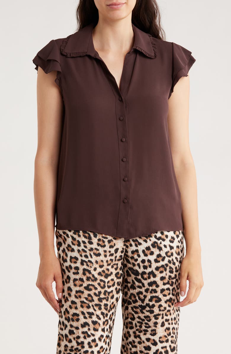 T Tahari Tiered Flutter Sleeve Button-Up Shirt, Main, color, Dark Chocolate