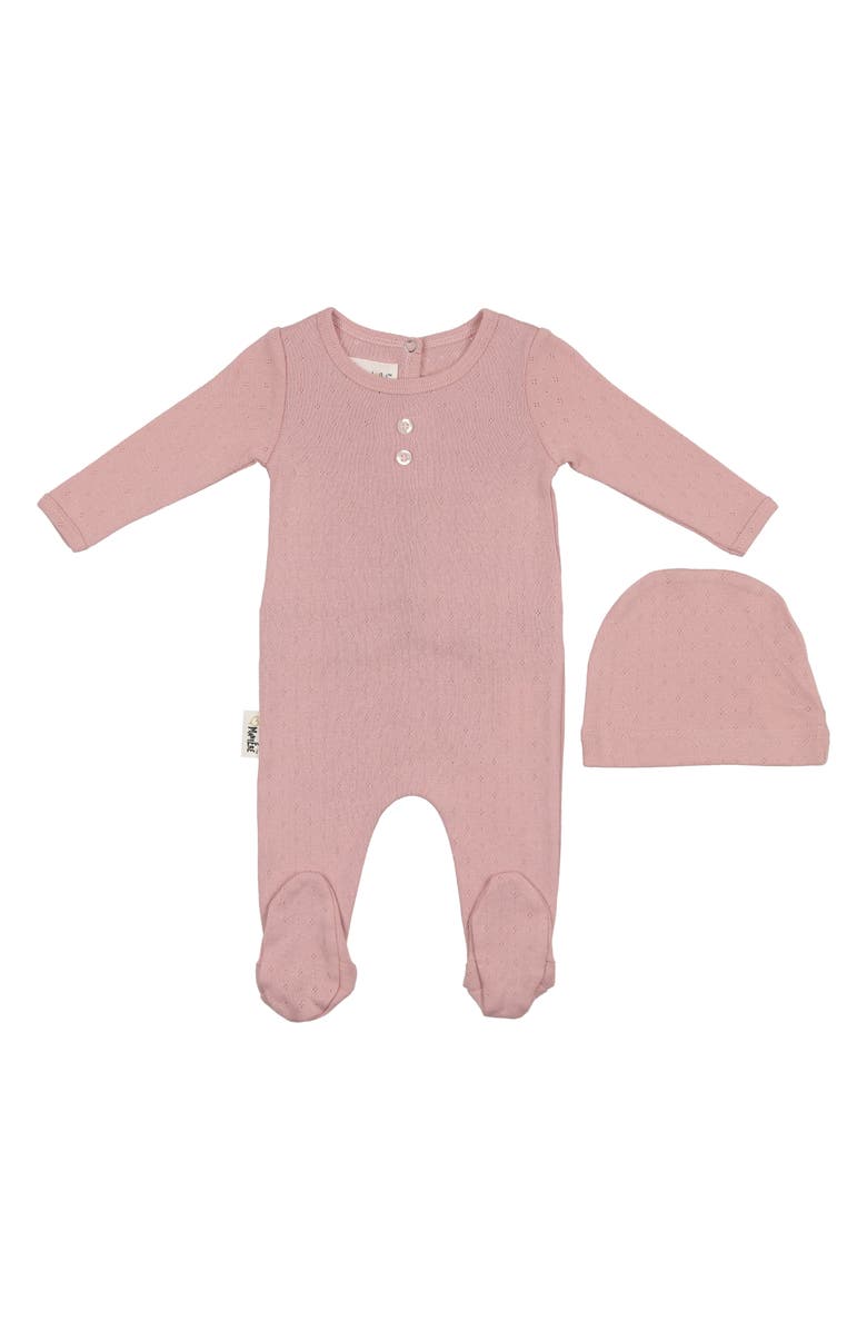 Manière Simple Pointelle Footie & Hat Set, Main, color, Mauve