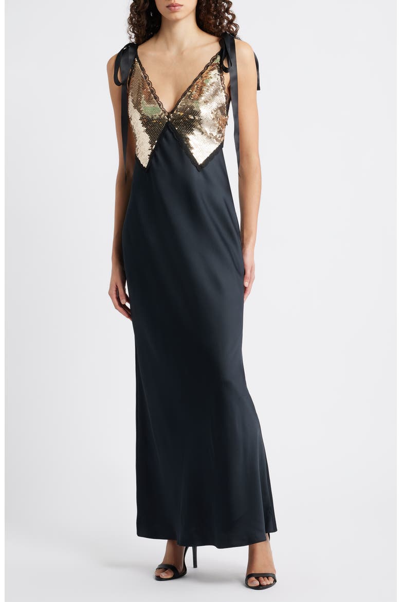 Talissa Sequin Sleeveless Satin Maxi Dress, Main, color, BLACK