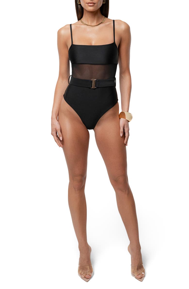 JLUXLABEL Solare Mesh Belted One-Piece Swimsuit, Alternate, color, Black