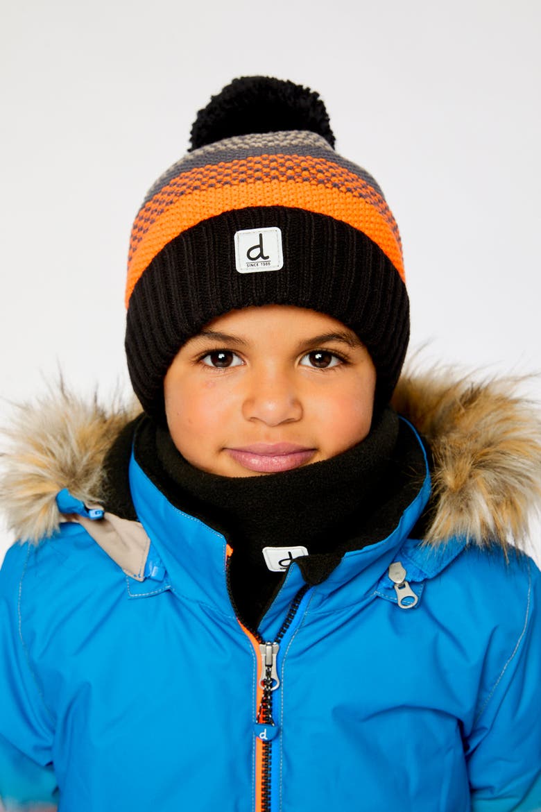 Striped Ribbed Cuff Knit Hat with Pompom, Alternate, color, Grey and Orange Stripes