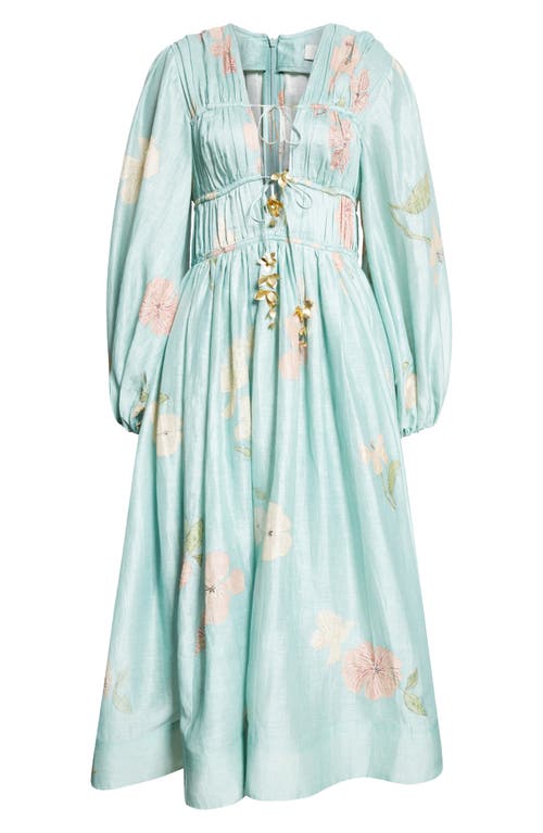 Shop Zimmermann Drawn Metallic Floral Long Sleeve Linen & Silk Dress In Mint Hibiscus
