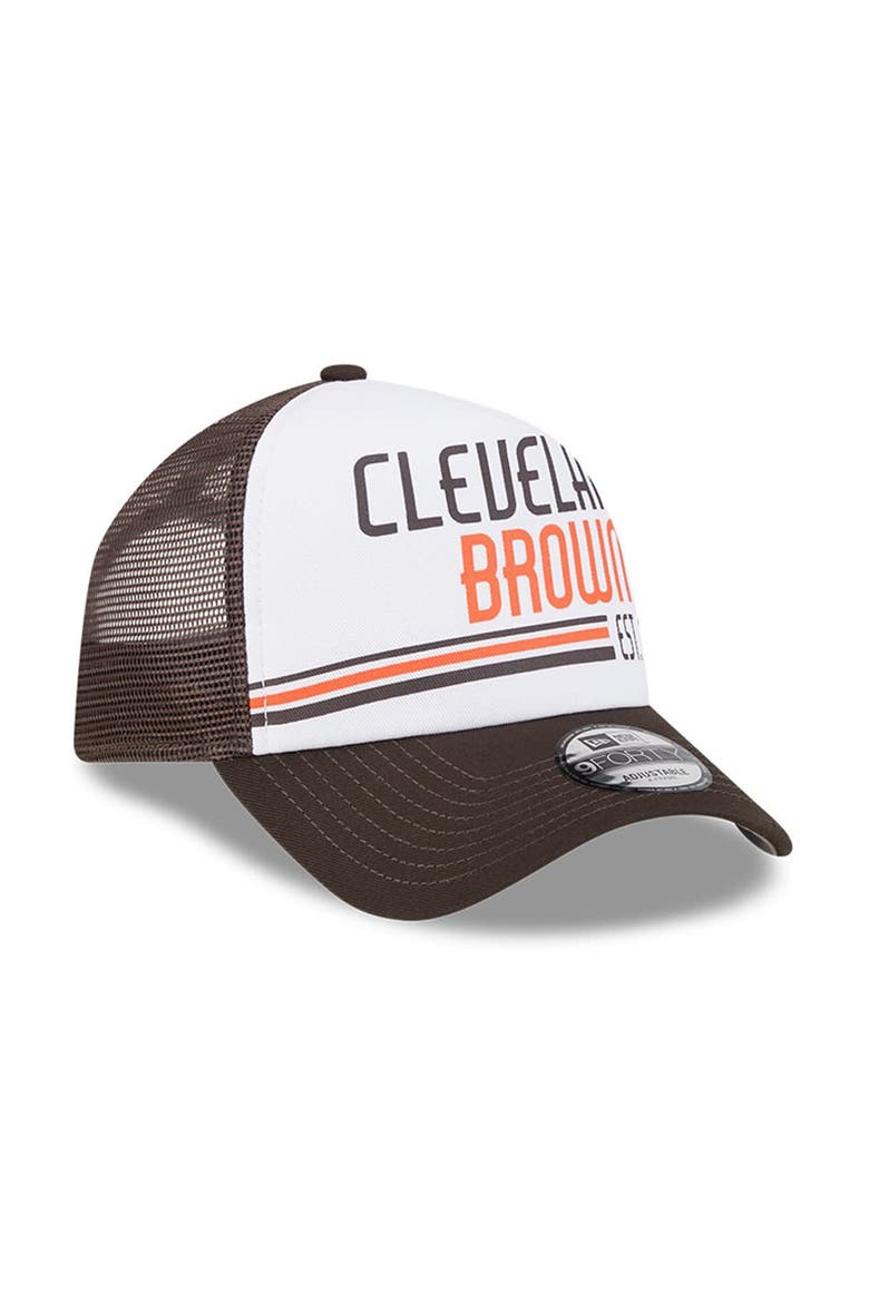 Men's New Era White/Brown Cleveland Browns Stacked A-Frame Trucker 9FORTY Adjustable Hat, Alternate, color, White