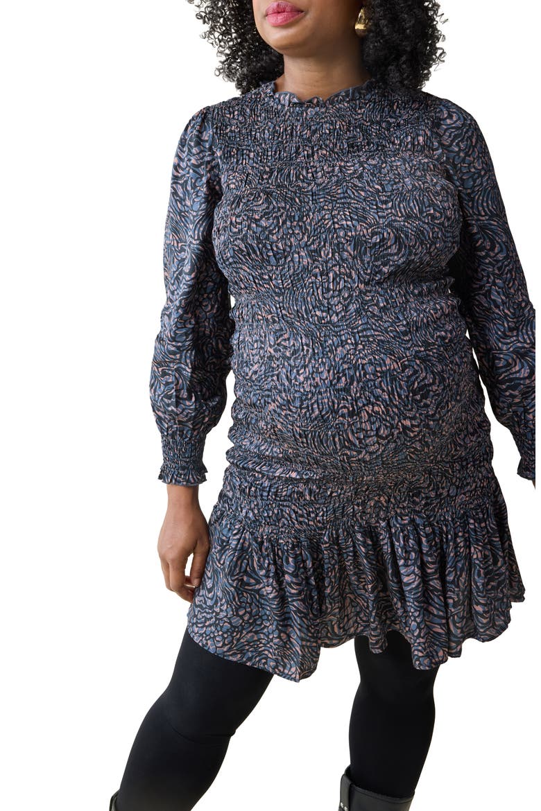 Smocked Occasion Bracelet Sleeve Sateen Maternity Dress, Main, color, BLUE/ TAN ANIMAL FLORAL
